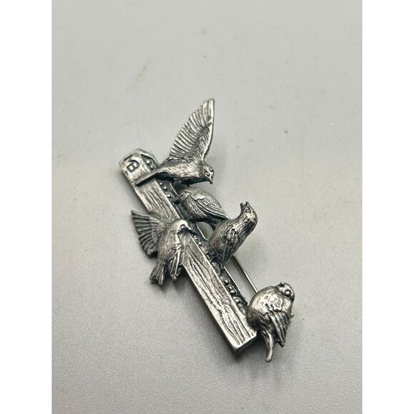 Vintage Birds on a Log Pin Brooch Signed 1999 M. Bastin Pewter Birds Animal Pin - Picture 4 of 6